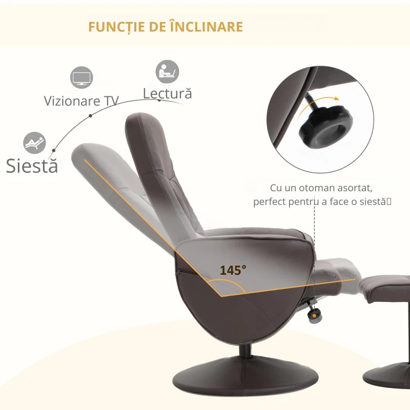 HOMCOM Set de 2 piese, fotoliu cu otomană, fotoliu relax cu otomană, reglabil pe înălțime, spătar înclinat, Maro