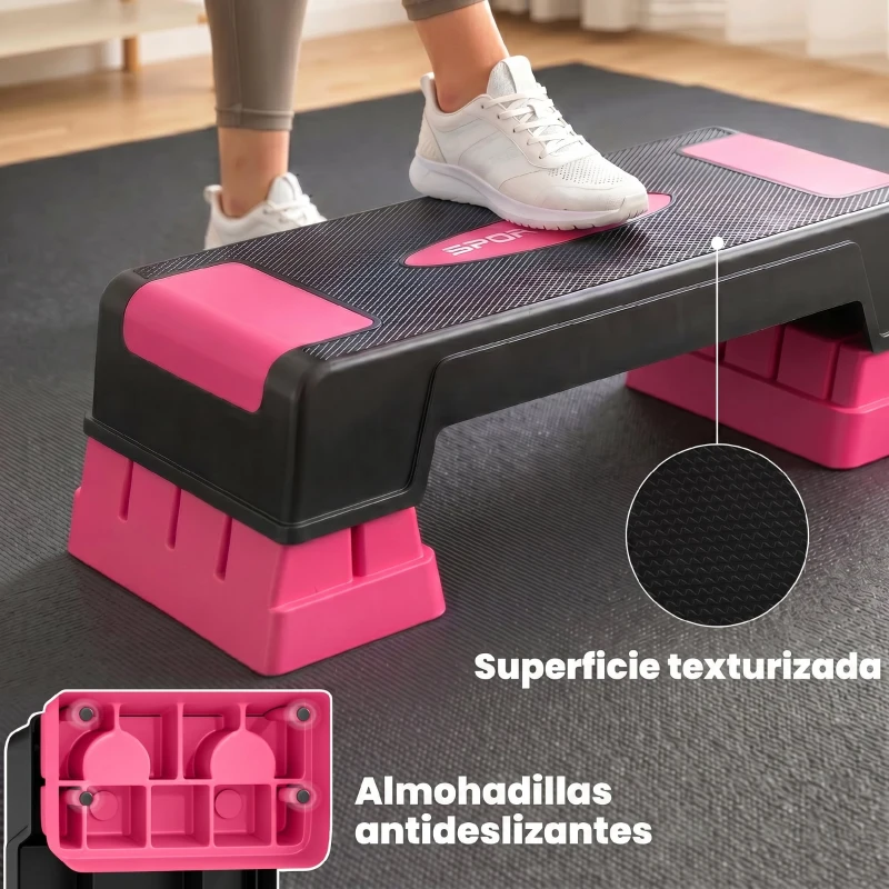 SPORTNOW Step de Aeróbic Step para Fitness con Altura Ajustable de 12/17,5/22,5 cm Carga 250 kg para Casa Gimnasio Rosa
