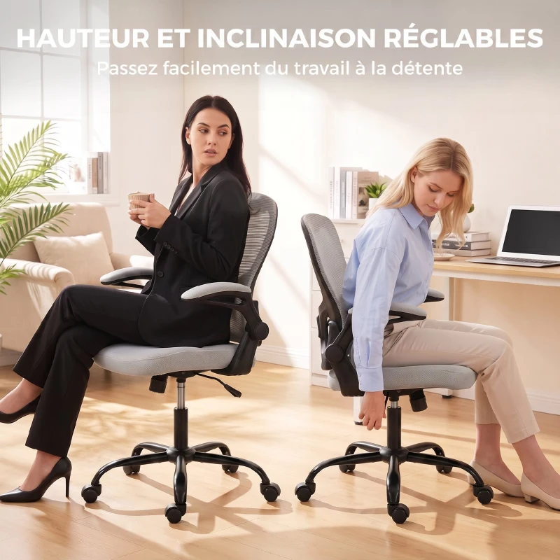 HOMCOM Chaise Bureau Ergonomique, Fauteuil de Bureau Maille, Accoudoirs Relevables, Hauteur Réglable, Fonction Bascule, Gris