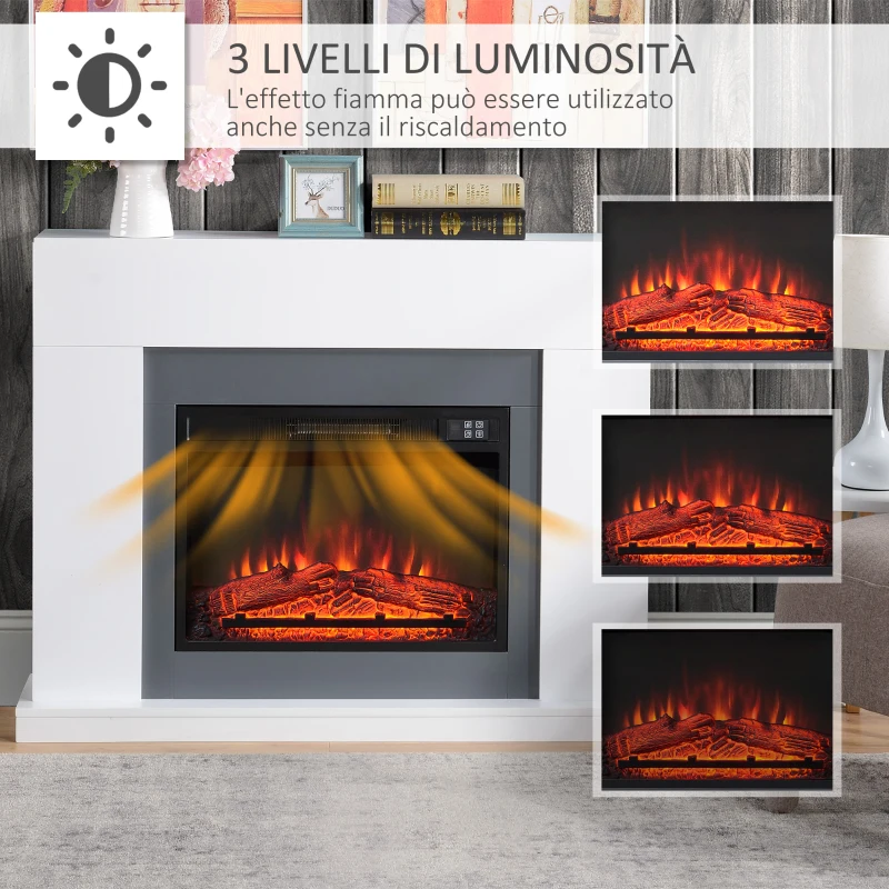 HOMCOM Camino Elettrico a Parete con LED Effetto Fiamma e Timer, Copertura 37m², 2000W - Bianco