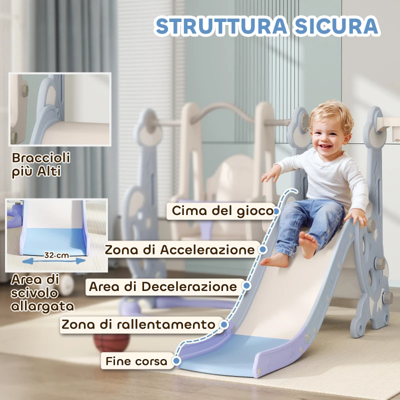 AIYAPLAY Gioco per Bambini 4 in 1 con Scivolo, Altalena, Arrampicata e Canestro, 147.5x160x107 cm, Azzurro Chiaro