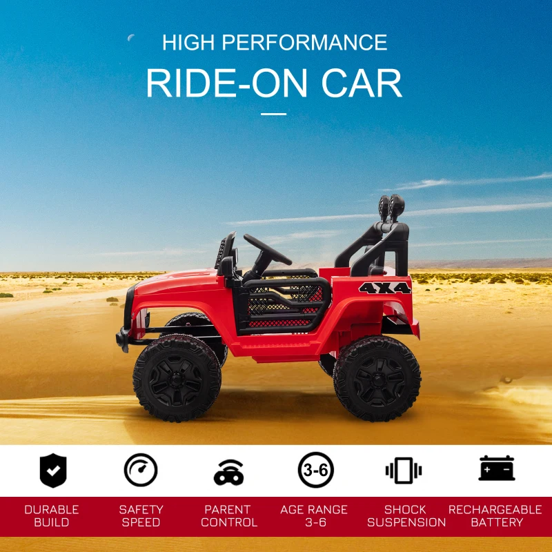 HOMCOM Kids Ride On Car, 12V Electric Cars for Kids with Parental Remote Control, 2 Motors, 4-Wheel Suspension, LED Lights, Horn, 3-5km/h, Battery Powered Ride On Toy for 3-6 Years Old Red