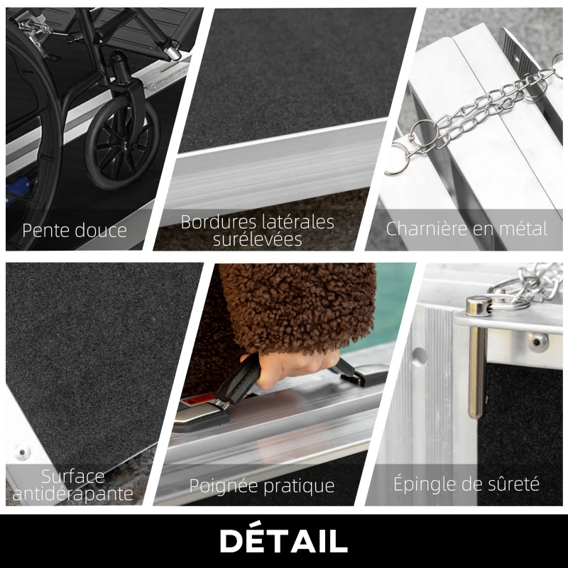 HOMCOM Rampa Pieghevole per Sedia a Rotelle in Alluminio con Rivestimento Antiscivolo e Bordi di Sicurezza, 183x73.5 cm, Nero