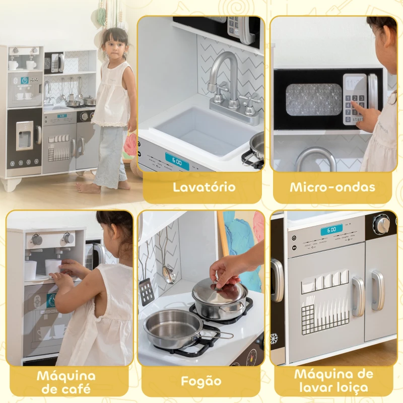 AIYAPLAY Cozinha de Madeira com Som Acessórios em Aço Inoxidável Micro-Ondas, Máquina de Gelo Cafeteira, Máquina de Lavar Loiça 79,5x24x83,8 cm Branco
