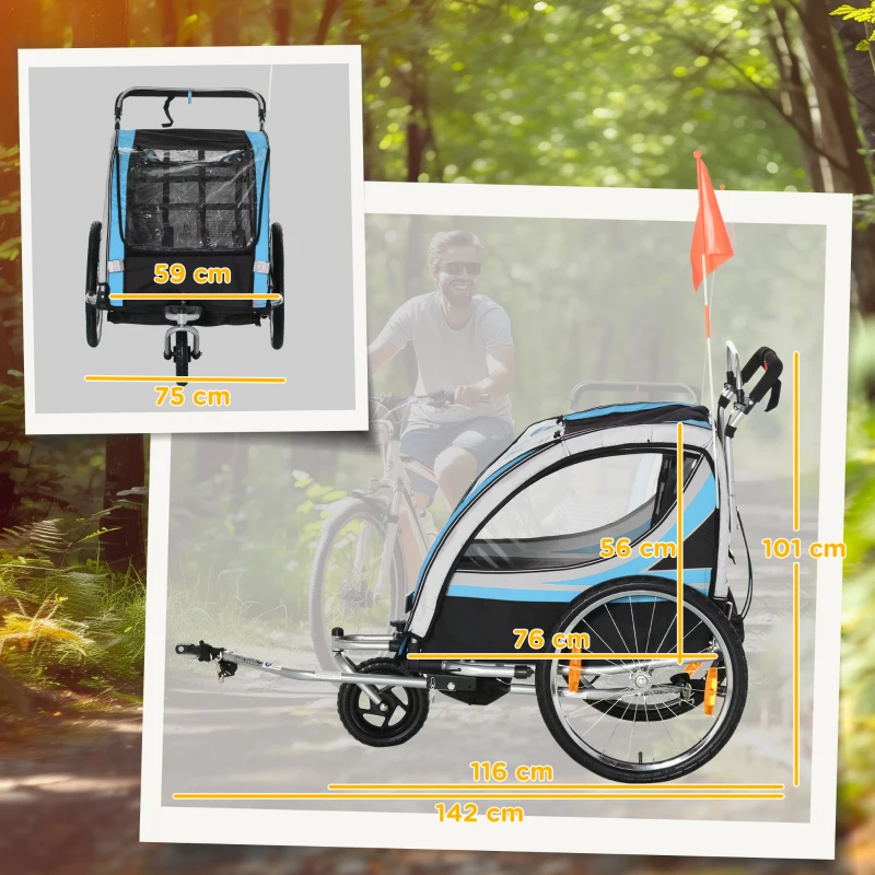 HOMCOM Rimorchio Bici per Bambini e Passeggino 2 in 1 con Cintura,  Tasche e Bandierina, Blu