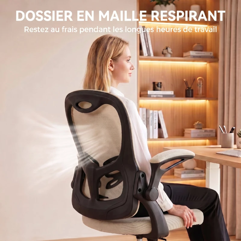 HOMCOM Chaise Bureau Ergonomique, Fauteuil de Bureau Maille, Accoudoirs Relevables, Hauteur Réglable, Fonction Bascule, Beige