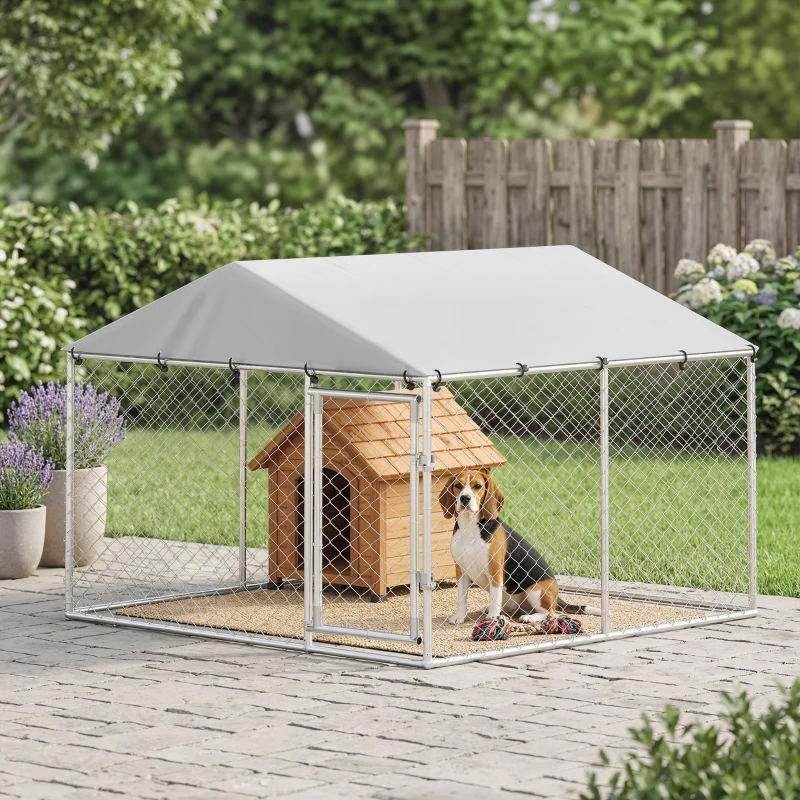 PawHut Recinto per Cani da Esterno in Acciaio Zincata con Tetto in PE, Anti-UV, Impermeabile, Doppia Chiusura, Argento