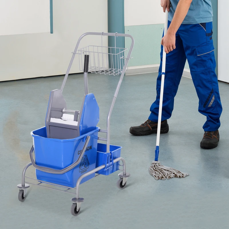 HOMCOM Carro de Limpeza Profissional com Rodas Balde de Esfregona Removível de 25L Espremedor Cesto e Cubeta 72x49,5x95 cm Azul