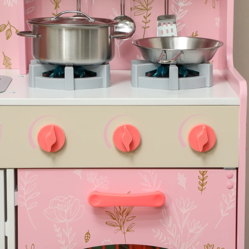 AIYAPLAY Cuisine Enfant avec Glaçons, Micro-ondes, Four, Plaque, Évier, Machine à Laver, Tableau, 90x 33,3x91,6cm, Rose