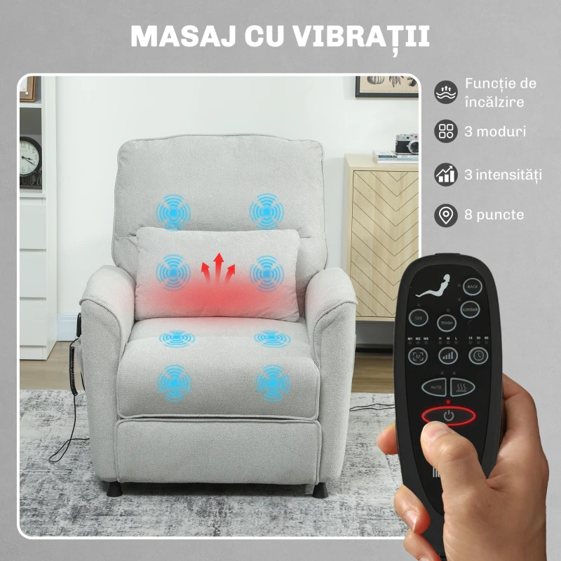 HOMCOM Fotoliu Rabatabil cu Încălzire, 8 Puncte de Masaj și 5 Moduri, Țesătură Chenille, Gri Deschis