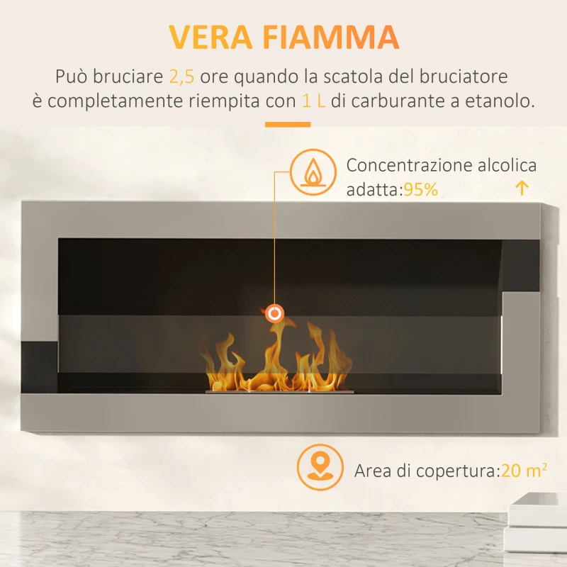 HOMCOM Camino Bioetanolo in Acciaio Inox, 2.5h di Combustione con Serbatoio 1.5L e Copertura 20m², 90x16x40 cm, Argento