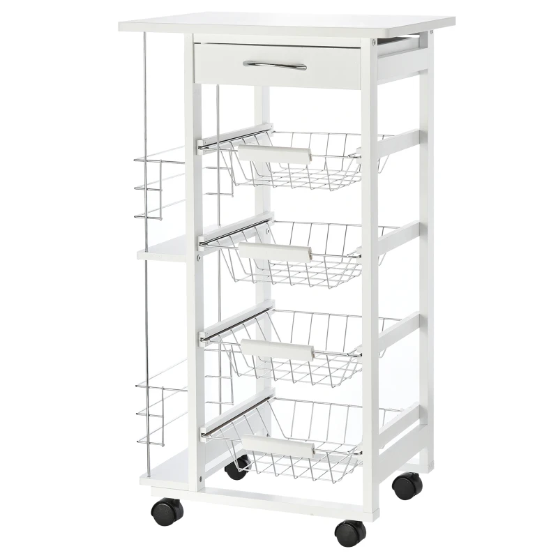 HOMCOM Desserte cuisine à roulettes avec tiroir, 4 paniers et étagères latérales, 47 x 37 x 83 cm, blanc