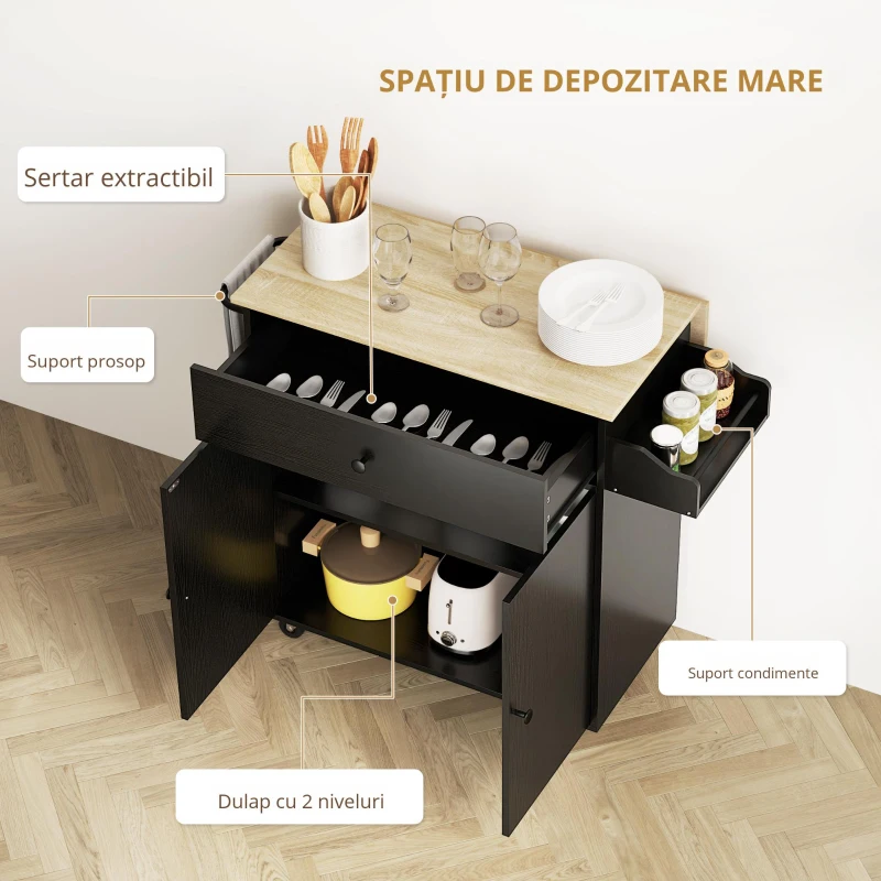 HOMCOM Insulă de Bucătărie cu Ala Rabatabilă 2 Uși Sertar Suport pentru Condimente Bară de Agățat Șervețel și Raft Reglabil 106x42x87 cm Negru și Stejar