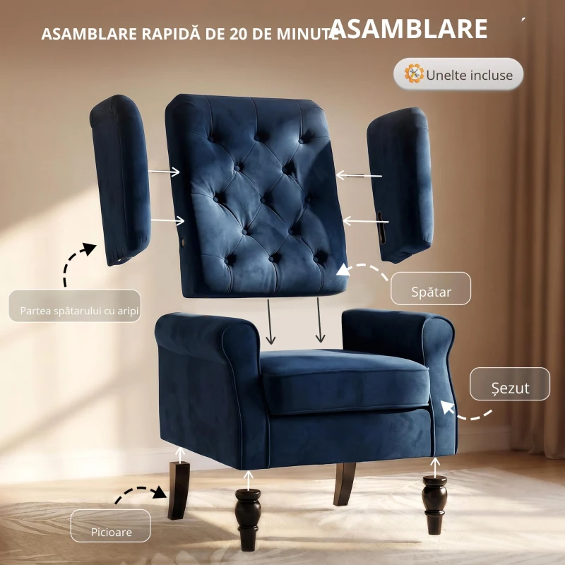 HOMCOM Fotoliu de living capitonat cu șezut lat, picioare din lemn, stil clasic, confort sporit, 74x86x102cm, albastru închis