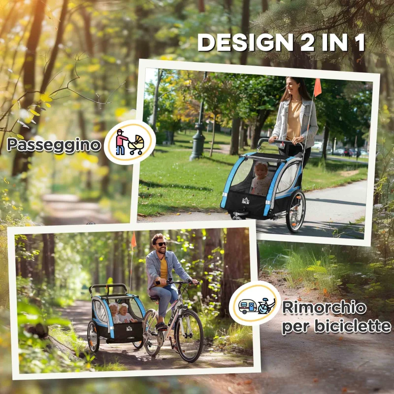 HOMCOM Rimorchio Bici per Bambini e Passeggino 2 in 1 con Cintura,  Tasche e Bandierina, Blu