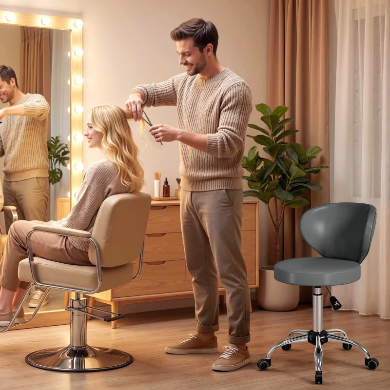 HOMCOM Tabouret à roulettes, tabouret de massage en PU avec hauteur réglable 73-88 cm et dossier, pivotant 360°, gris
