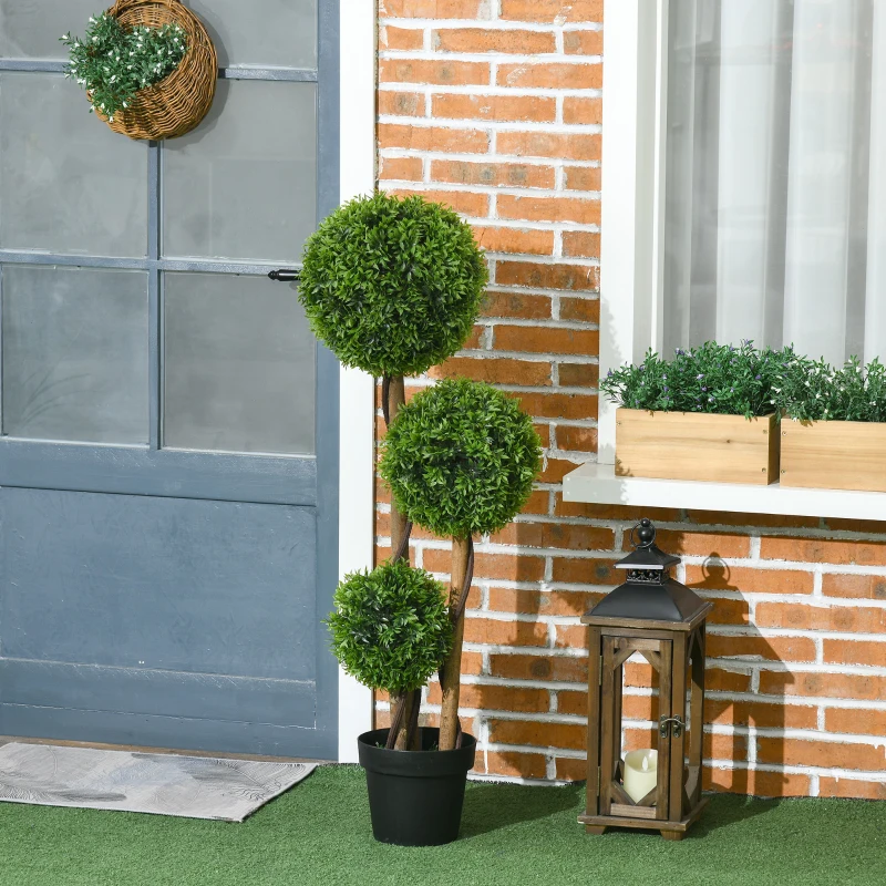 HOMCOM Künstlicher Buchsbaum groß 110cm, UV-beständige Kunstpflanze mit 3 Kugeln für Wohnzimmer Schlafzimmer Büro Garten