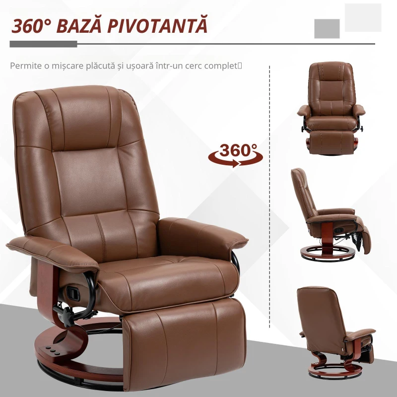 HOMCOM Fotoliu de relaxare, 145° reglabil, suport de picioare ajustabil, piele ecologică, 360° rotativ, până la 120 kg, Maro