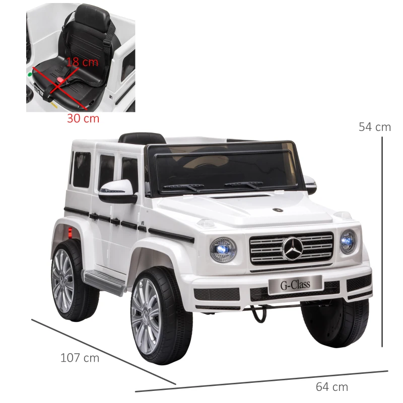 HOMCOM Carro Elétrico BENZ G500 Todo-o-Terreno com Bateria 12V Veículo Elétrico com Música Buzina Velocidade 3-5 km/h Branco