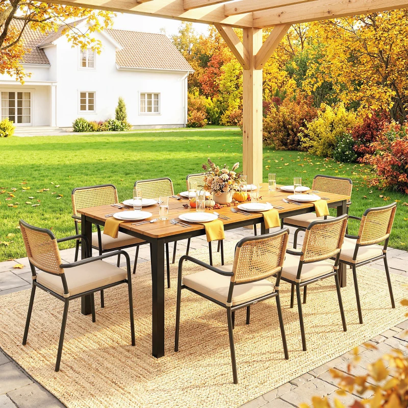 Outsunny Gartentisch 180 x 86 cm für 6-8 Personen Holztisch mit Lamellen-Tischplatte Stahlrahmen Teak