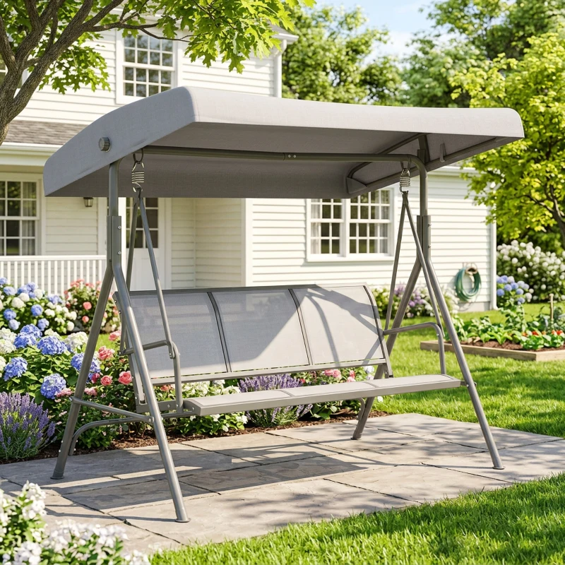 Outsunny Balancelle de Jardin 3 Places Toit Inclinaison réglable Assise et Dossier Ergonomique Acier textilène Gris