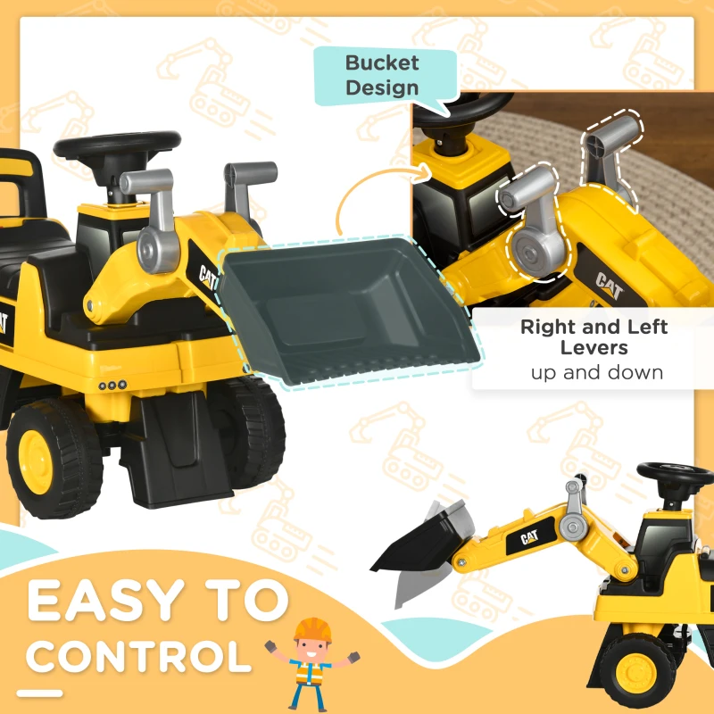 HOMCOM Ride on Tractor, CAT Licensed Kids Ride On Digger Excavator, Construction Toy Car with Adjustable Bucket, Horn, for Ages 1.5-3 Years