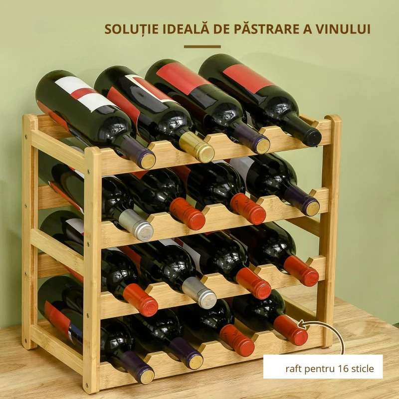HOMCOM Dulap cu suport pentru vinuri cu 16 sticle, organizator de sticle, raft de afisare pentru blat, bar acasa, natural