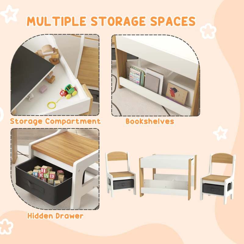 HOMCOM Three-Piece Kids Table and Chair Set with Blackboard, Storage, Bookshelves - Natural Wood