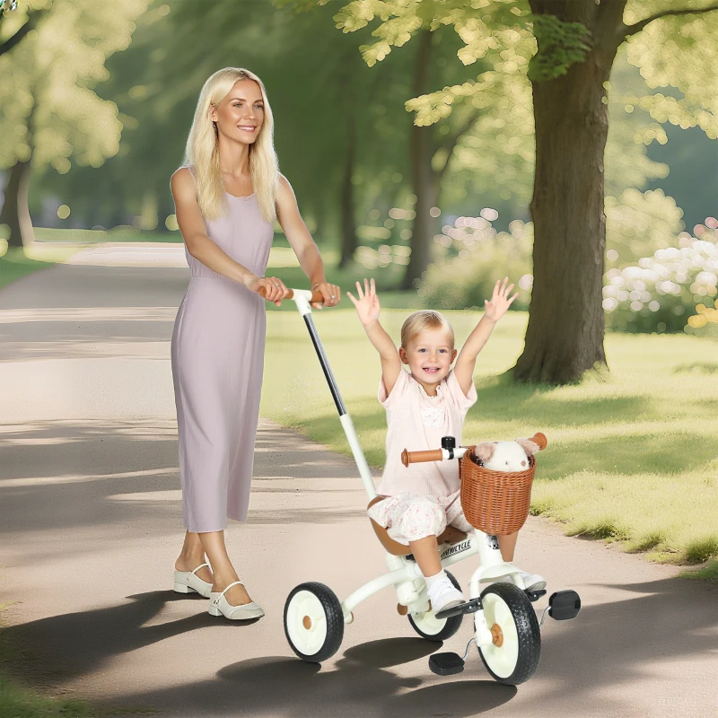 AIYAPLAY 2-In-1 Toddler Trike for 2-5 Years Old, 3 Wheel Bike with Adjustable Parent Handle, Basket for Boys and Girls, White