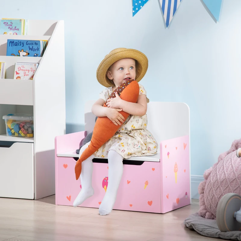 ZONEKIZ Baú Infantil 2 em 1 Baú de Armazenamento Organizador de Brinquedos com Tampa de Fechamento Seguro 60x30x50cm Rosa