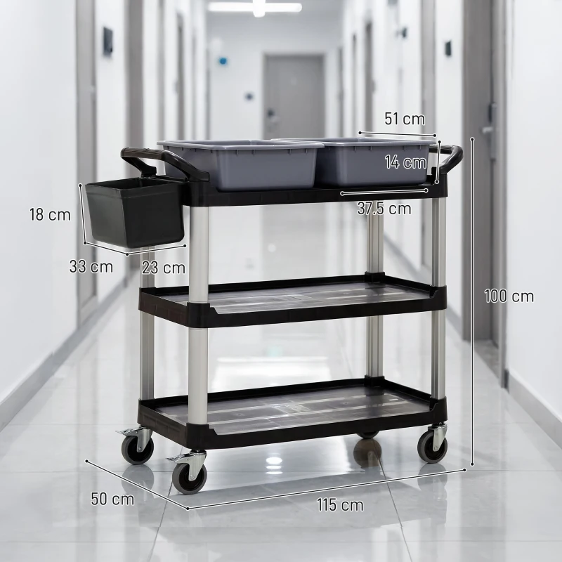 HOMCOM Carucior Profesional pentru Curățenie cu 3 Rafturi, 2 Recipiente Detașabile, Găleată Laterală și 4 Roți, Negru