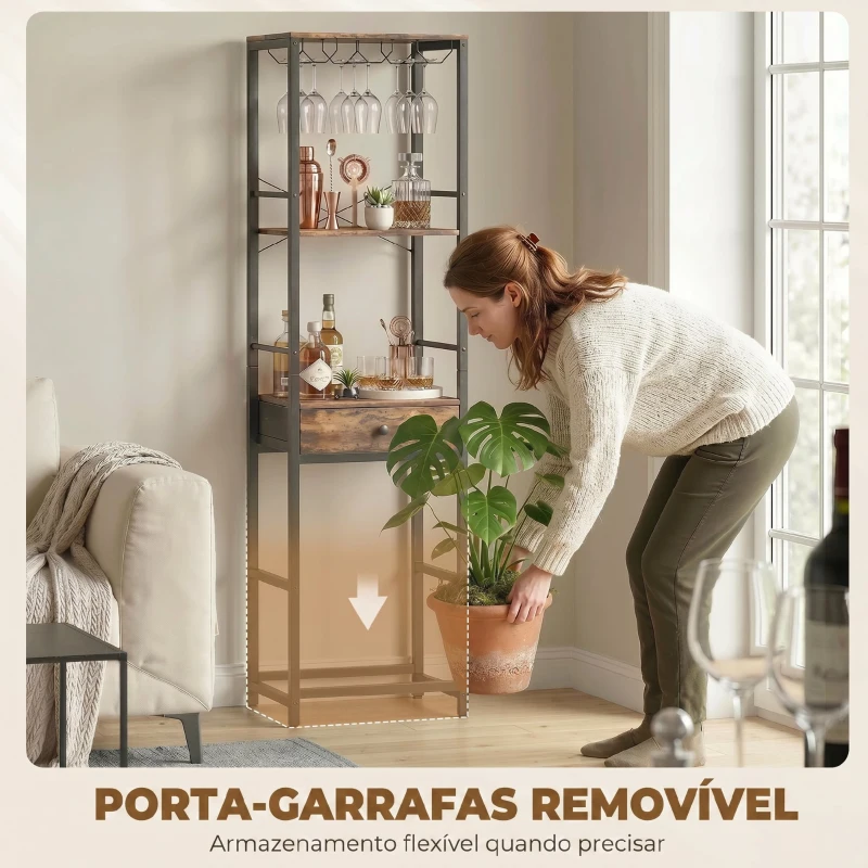 HOMCOM Móvel de Bar para Vinhos com Suporte de Copos e Gaveta Garrafeira para 12 Garrafas com Prateleira Aberta Castanho Rústico