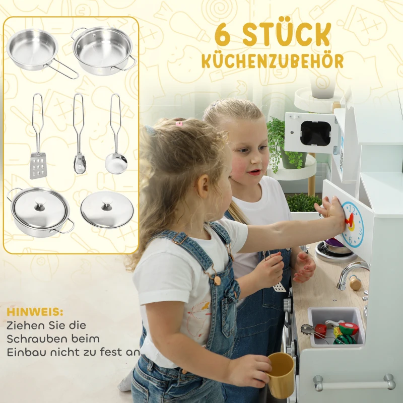 AIYAPLAY Kinderküche Spielküche mit Ofen Spüle Soundfunktion und Zubehör Geschenk für Mädchen Jungen 3-6 Jahren Weiß