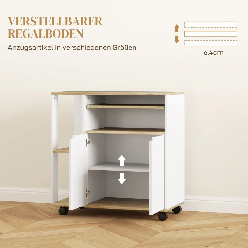 HOMCOM Rollende keukenwagen met opbergruimte, kast, verstelbare planken, voor keuken, woonkamer, eetkamer, wit(m-5)