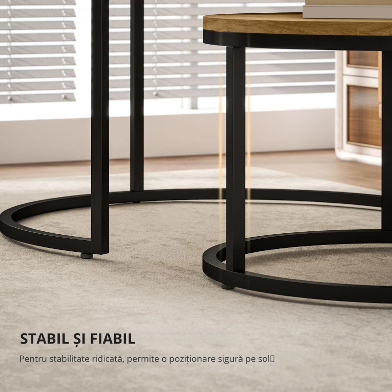 HOMCOM Set de 2 mese de cafea gigogne suprapozabil design industrial blat de ciment picioare din metal maro