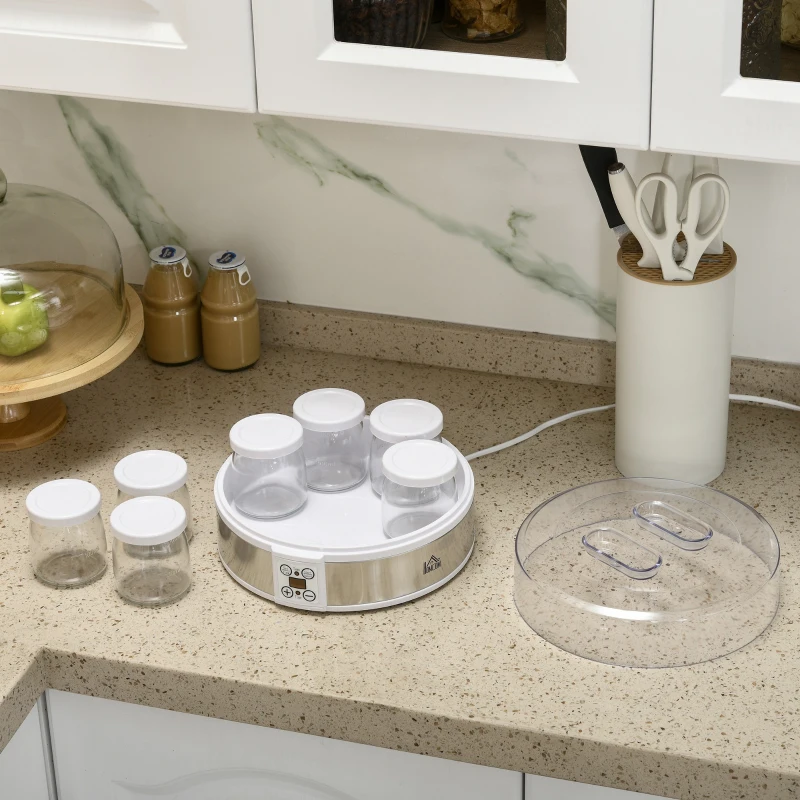 HOMCOM Yoghurtmaker Yoghurtmachine, inclusief 7 glazen, roestvrij staal, 24 cm x 24 cm x 13 cm, zilver + wit(m-8)