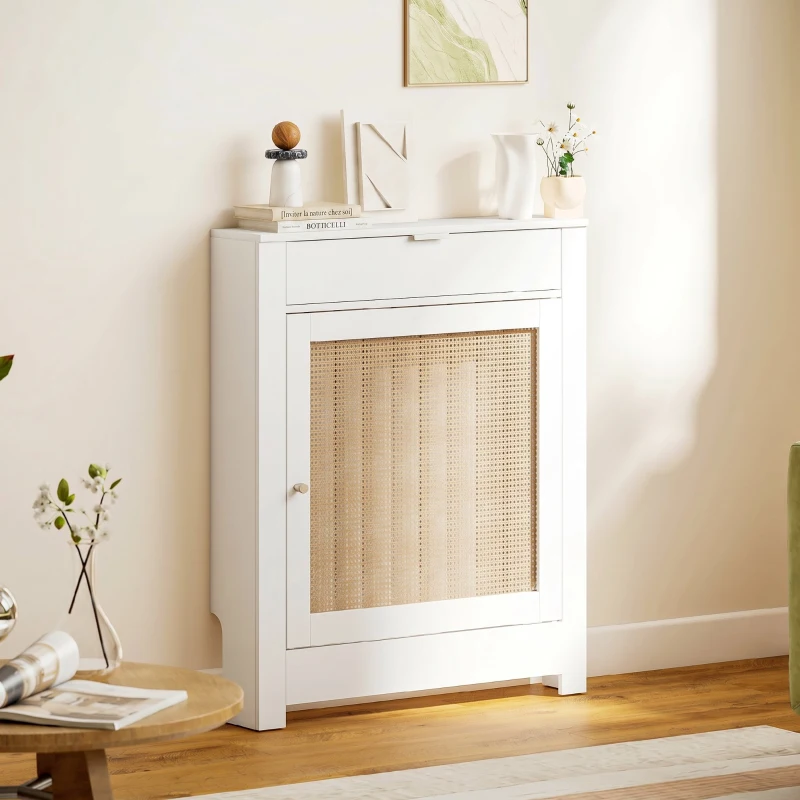 HOMCOM Cache-Radiateur avec Placard Rabattable et Porte en Rotin, Couvercle de Radiateur en Bois avec Compartiment, Blanc