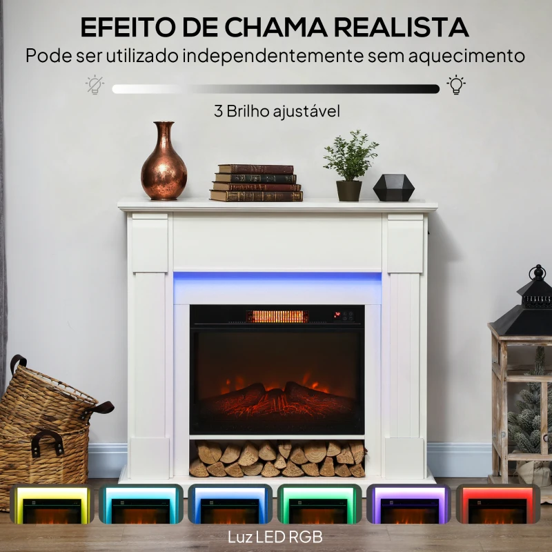 HOMCOM Lareira Elétrica com Efeito de Chama 3D e Tira de Luz LED RGB 1800W Temporizador  para 30 m² 105x27x97 cm Branca