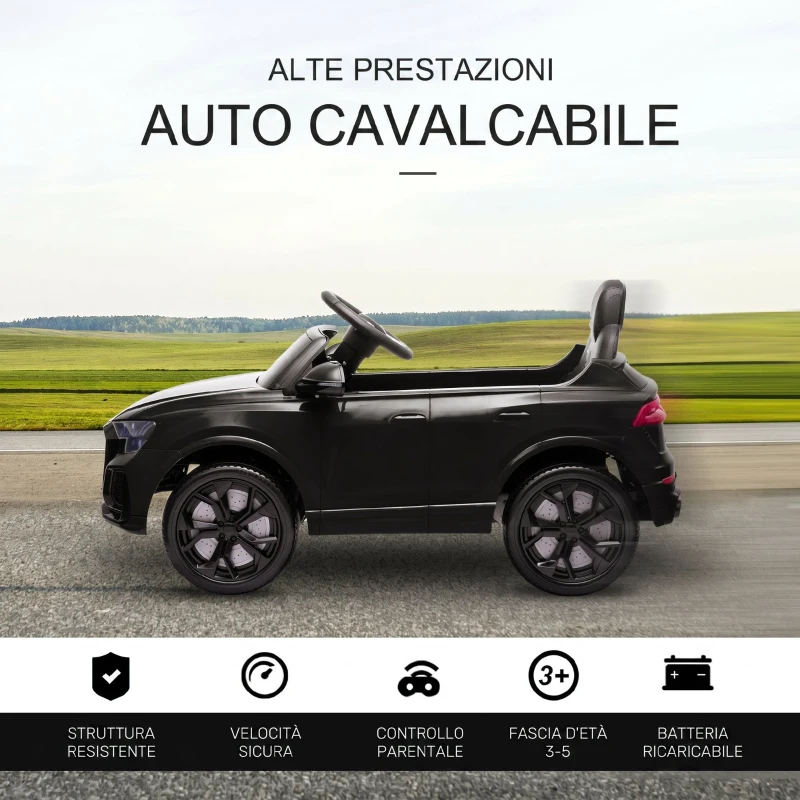 HOMCOM Macchina Elettrica per Bambini 3-5 Anni 6V Audi RS Q8 Autentica, 1.5-3km/h, con Telecomando e Musica, Nero