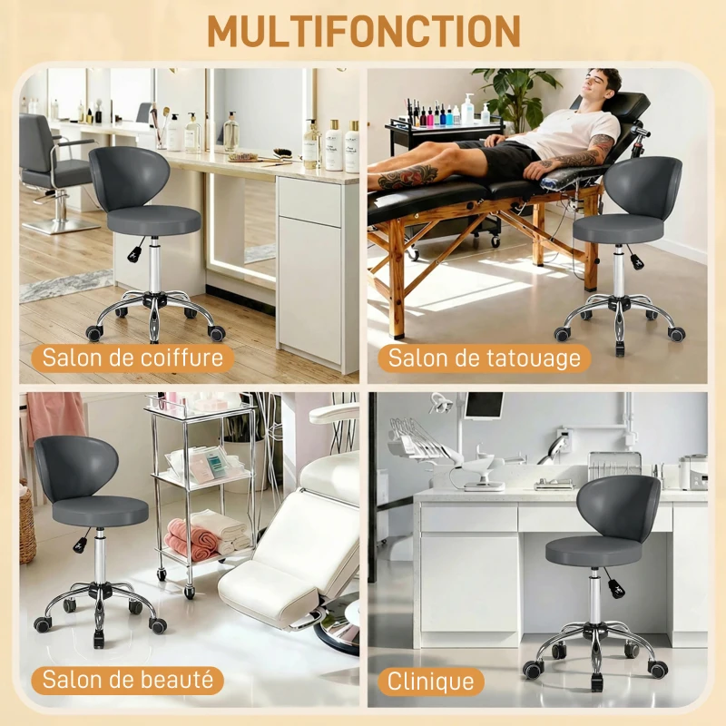 HOMCOM Tabouret à roulettes, tabouret de massage en PU avec hauteur réglable 73-88 cm et dossier, pivotant 360°, gris
