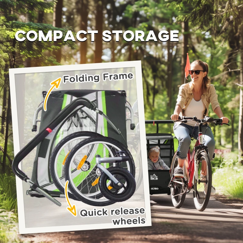 HOMCOM Child Bike Trailer 2 In 1 Baby Stroller 2 Seater Transport Carrier with Hitch Coupler, Brake, 5 Point Harness, Storage Bag, Reflector, Flag, Green