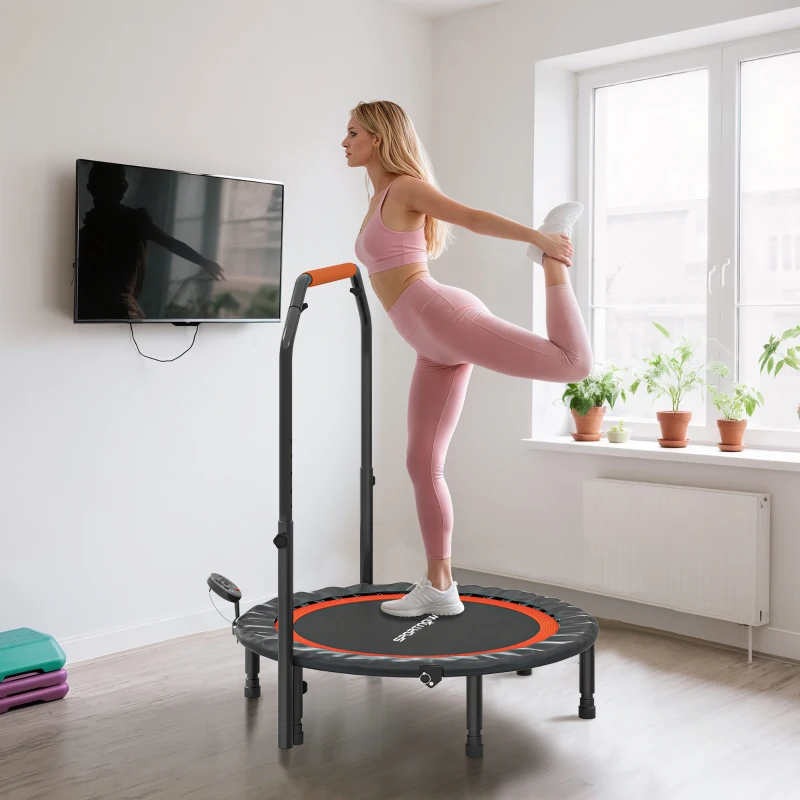 HOMCOM Trampoline de fitness gymnastique avec poignée réglable, pliable, 6 pieds, 28 ressorts Ø 102 cm, noir rouge