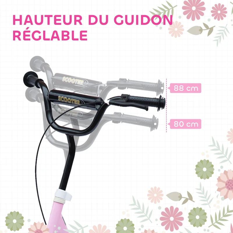 HOMCOM Trottinette enfant patinette pneus 30 cm Hauteur Guidon réglable poignée Frein et béquille Acier pour enfants à partir de 5 ans Rose
