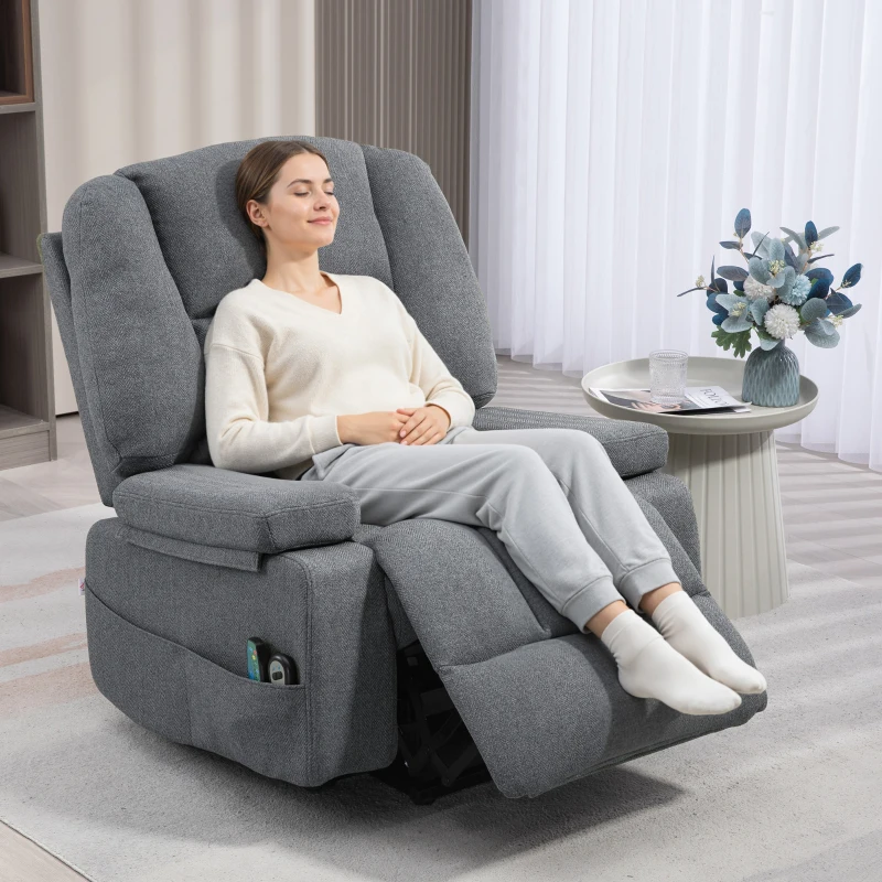 HOMCOM Poltrona Alzapersona Reclinabile con 8 Punti Massaggianti, in Tessuto Effetto Lino, 97x90x102 cm, Grigio