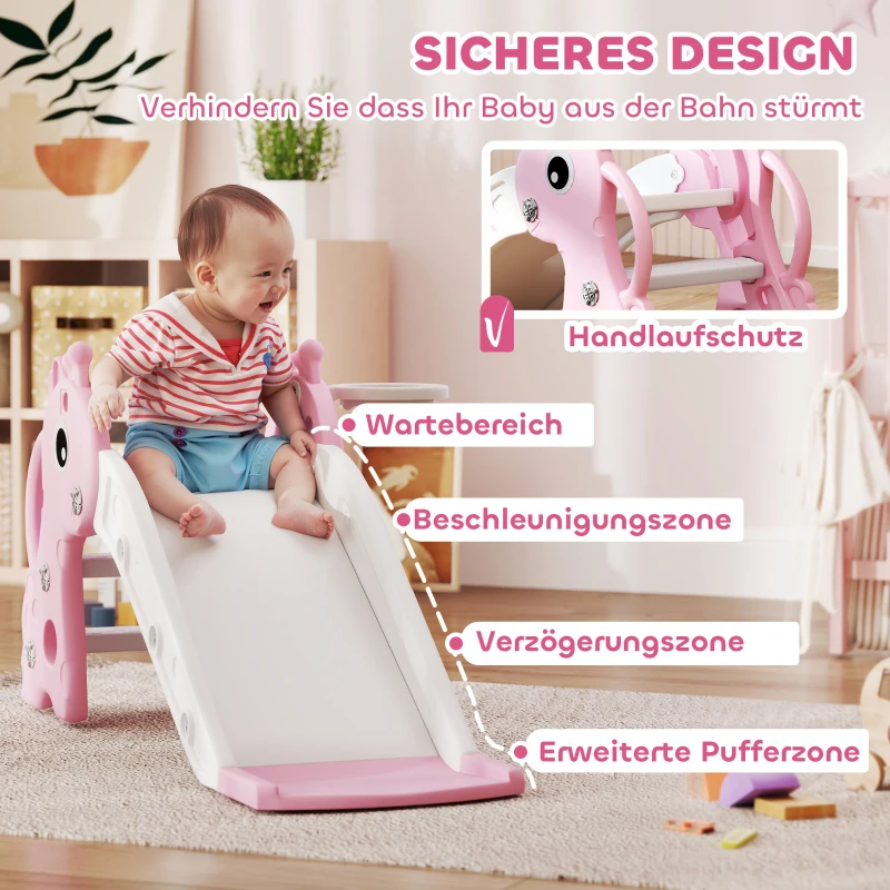 AIYAPLAY 3-in-1 Rutsche für Kinder, Giraffenform, Basketballkorb, Ball, Rosa