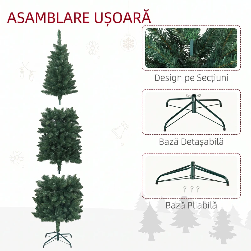 HOMCOM Brad de Crăciun Artificial 210 cm cu 687 de Ramuri, Design Îngust și Înalt cu Bază Rabatabilă, Verde