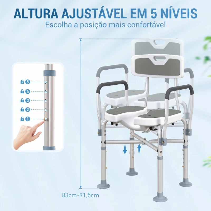 HOMCOM Cadeira de Duche com Abertura em U, Altura Regulável, Antiderrapante, com Encosto e Apoios de Braços, até 136 kg, Cinzento