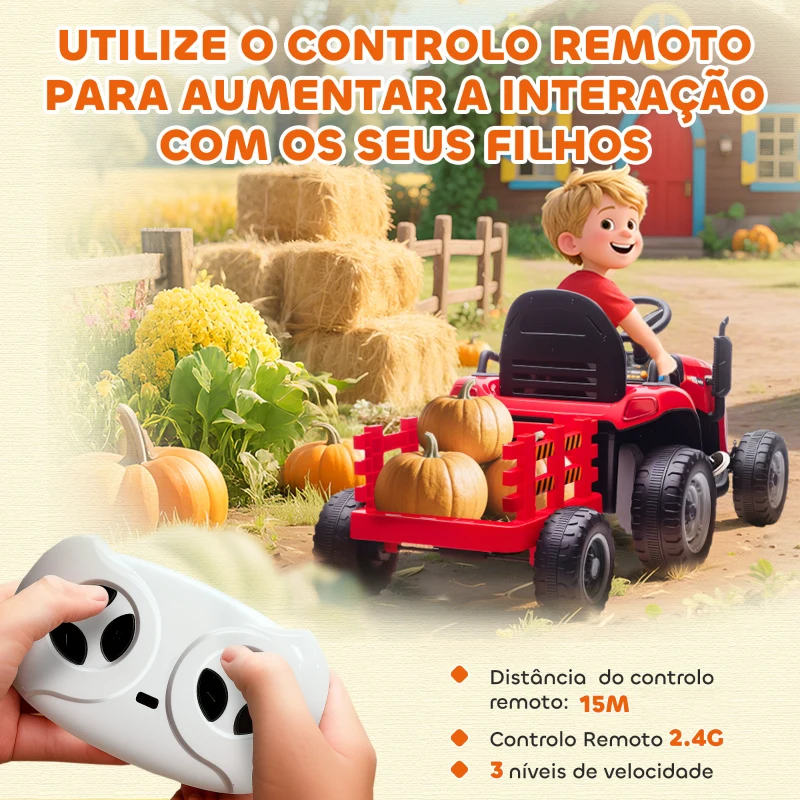 AIYAPLAY Trator Elétrico para Crianças com Reboque Desmontável Bateria 12V Velocidade 3-5 km/h Controle Remoto 2,4G 139x58x55 cm Vermelho