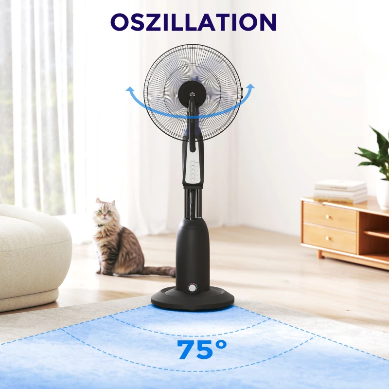 HOMCOM Ventilator met Nevelsprayfunctie, 3 Liter-Tank, 75 Graden Draaibaar, 3 Snelheden, Verrijdbaar, 125 cm, Zwart