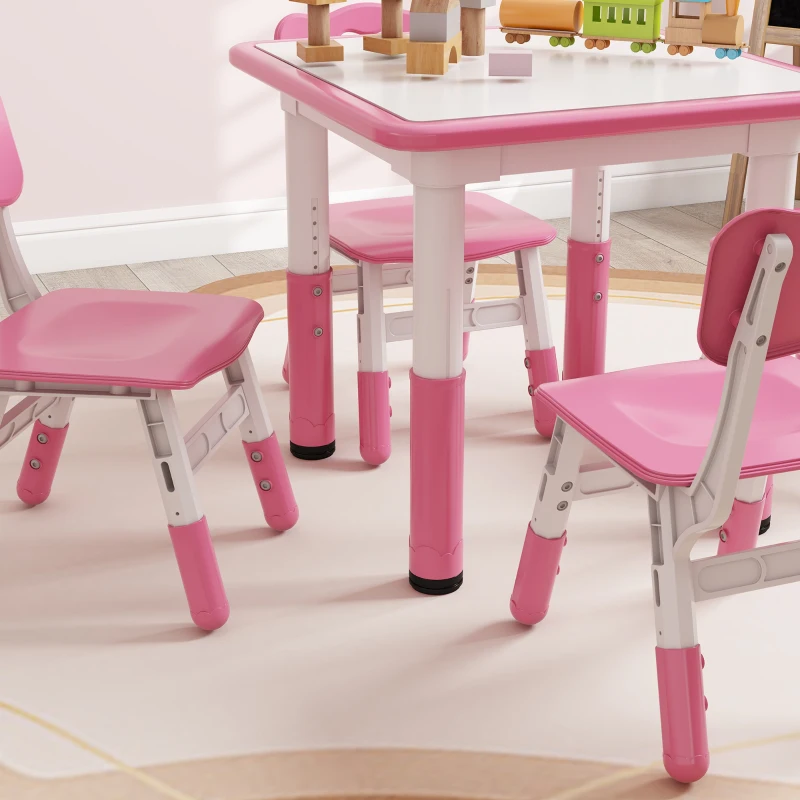 AIYAPLAY Set Tavolo e Sedie per Bambini 5pz con 4 Sedie Regolabili 32x36x52.5-56 cm e Tavolo 60x60x46-58 cm, Rosa